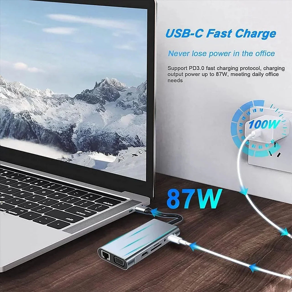 with Docking HDMI, with LAN,SD,MicroSD,Compatible A*4, VGA,Type-C Power,USB PD100W HP USB Station Laptop Pro,Air Ports Gigabit Multi-Port 11-in-1 MacBook C 3.5mm Kidsol 4K