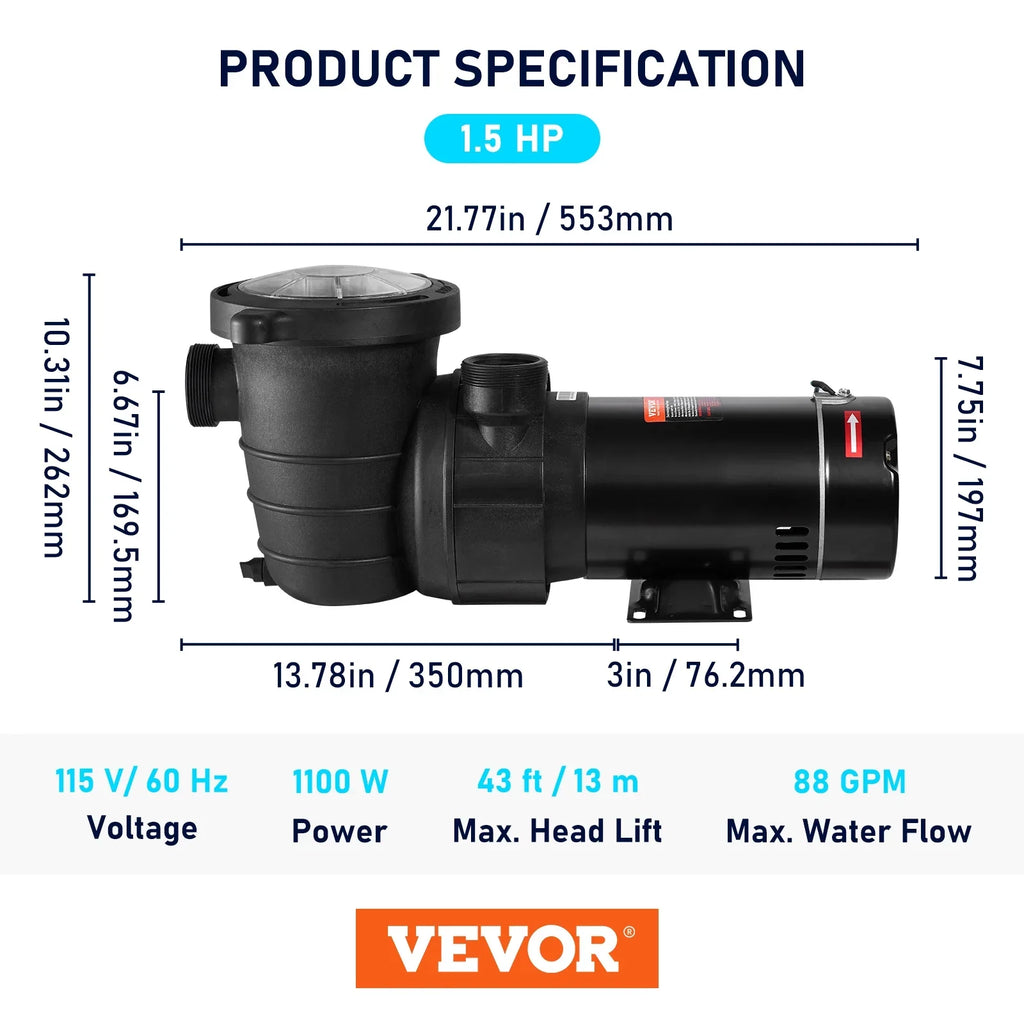 Single Pool 5280GPH Happybuy 1100W Speed Above Ground Strainer Max. Pump, Basket, Flow, Certification of for Swimming 1.5HP Pool 115V, w/ Pumps ETL