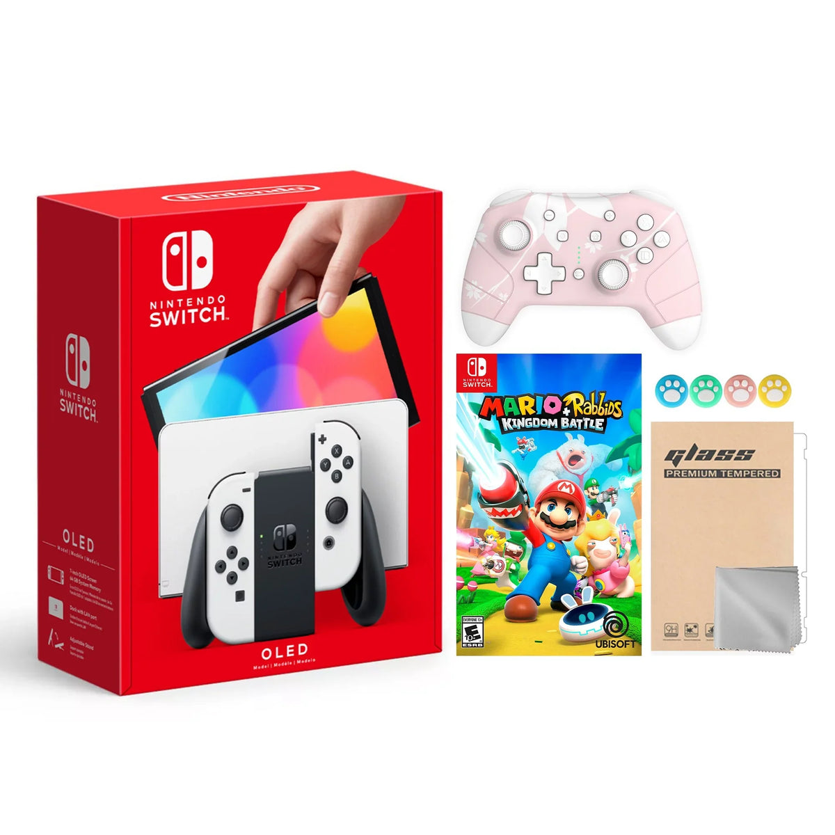 and Joy Mario Improved Switch Nintendo Battle LAN-Port Mytrix 2021 OLED 64GB And Model HD Wireless Rabbids Screen Accessories & Kingdom Console White Controller with New Con Dock
