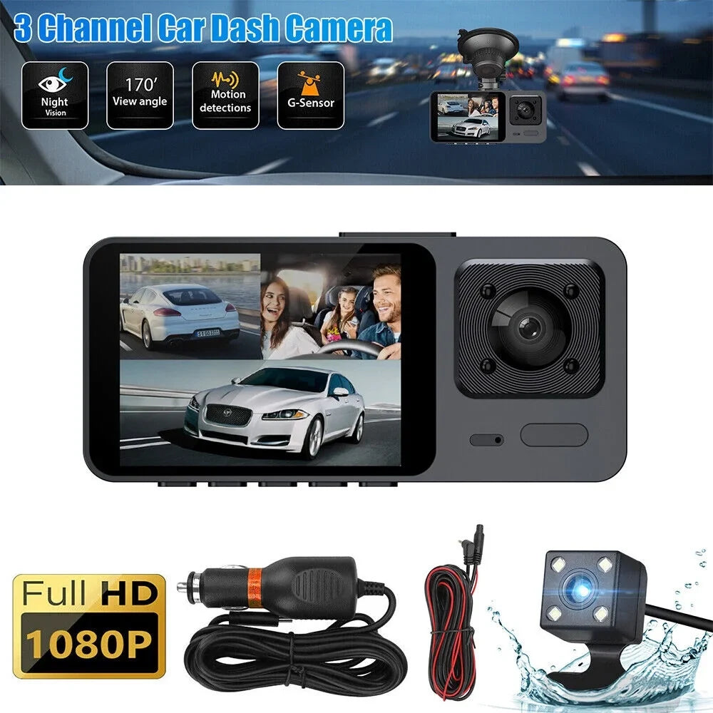 Onemayship Rear DVR Video 3 Inside Front Camera Dash Car Cam Recorder Lens G-Sensor 1080P