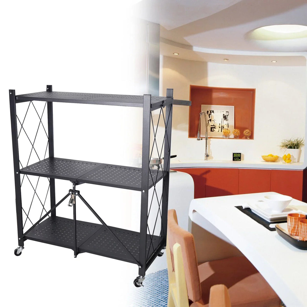 3-Tier Storage with Utility Shelves Metal Rack Kitchen Movable Trolley (Black) Cart Miumaeov Holder Foldable Rolling Wheel