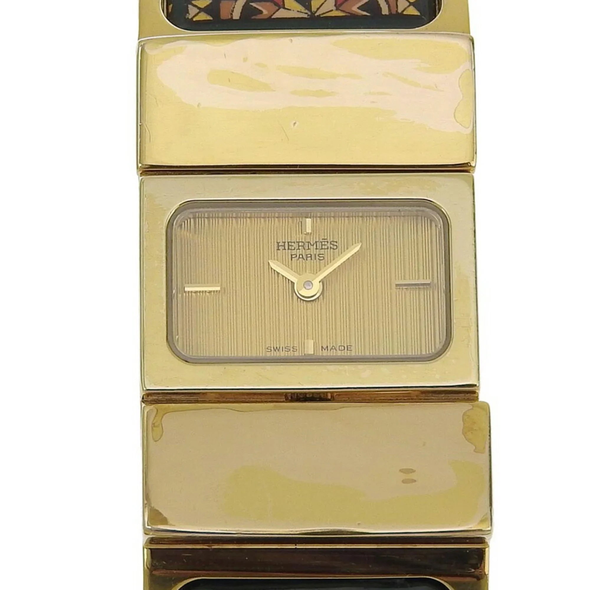 Watch Analog (Fair) Dial Swiss Location Plated Quartz Display Gold Green Ladies LO1.201 Cloisonné Made Pre-Owned HERMES