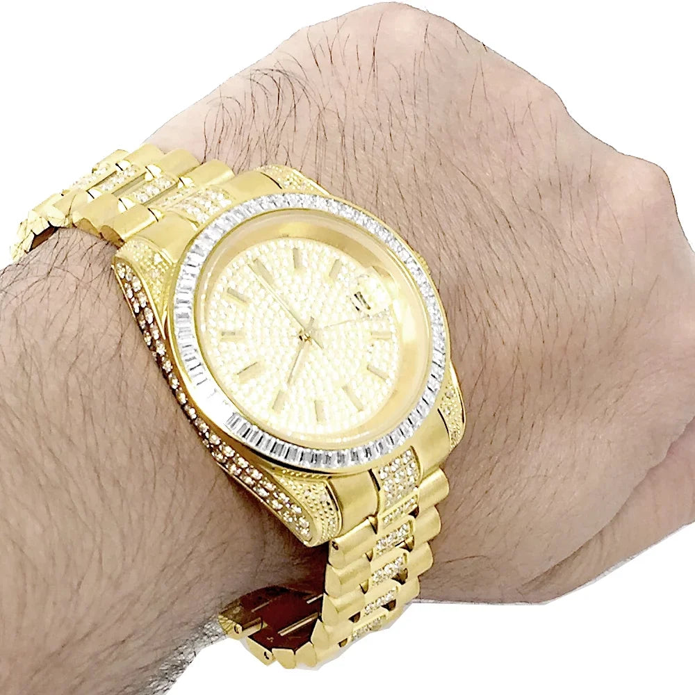 Simulated Diamond 18k Yellow Tarnish Gold Stainless 41MM Watch Free New Presidential Steel Unisex Finish
