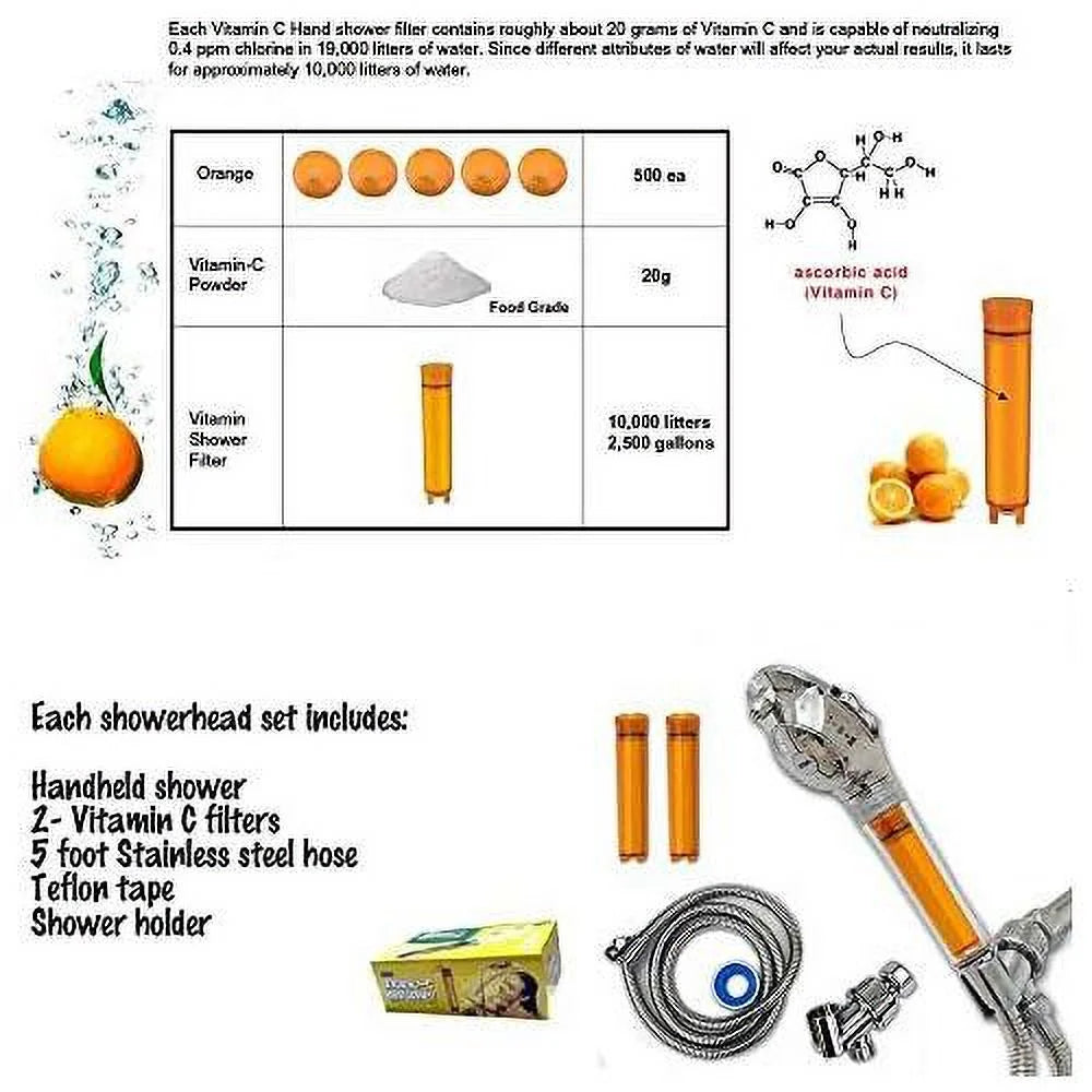 chlorine of shower filter included and liquid removes pressure 99.9% with chloramines - 2 filters - shower high - up head flow by to low