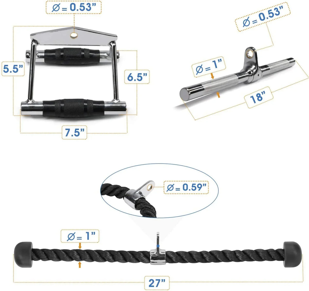 D Bar + Attachment Handle Double Cable Rope Combo V-shaped Tricep Yes4All +