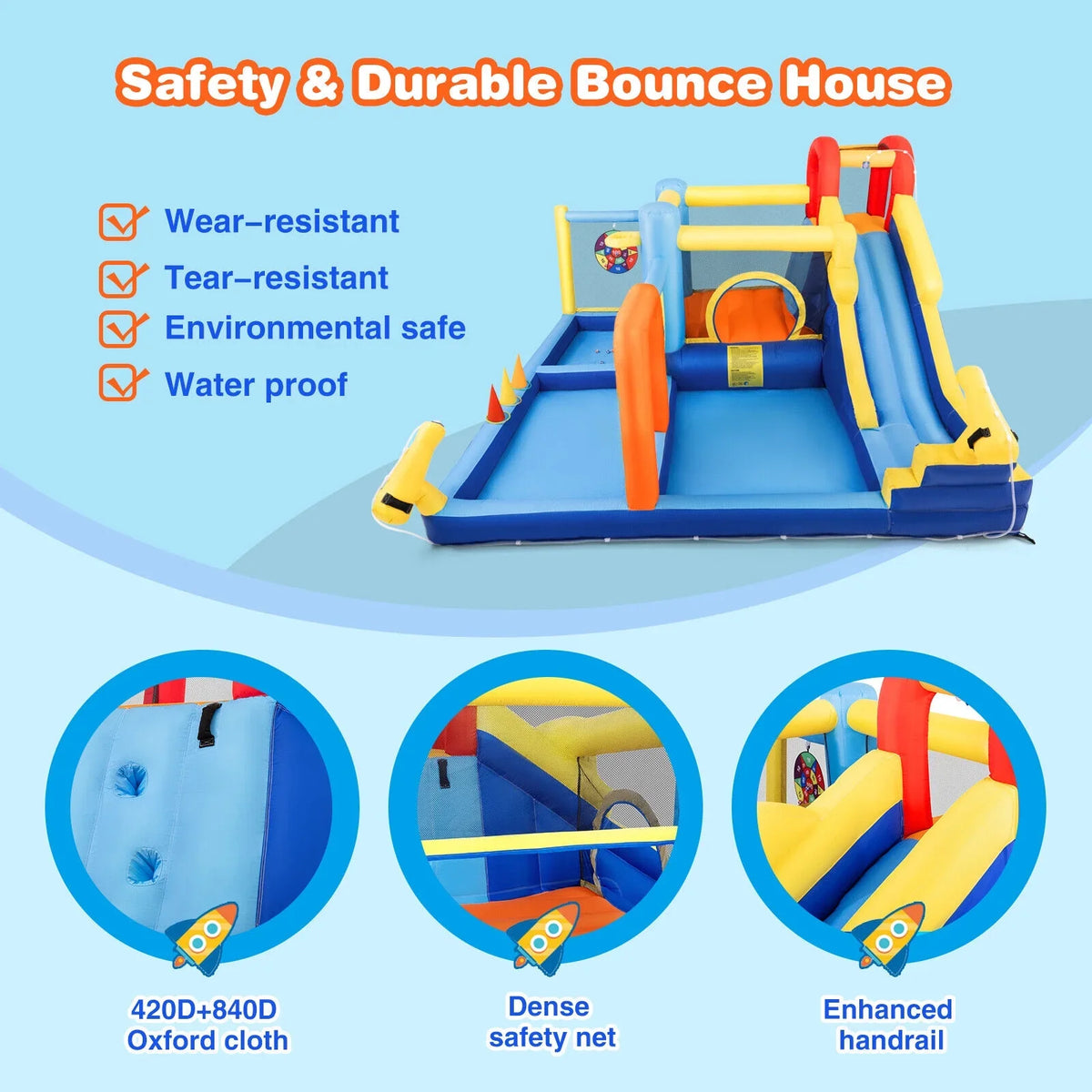 Felt Trampoline, Castle Climbing with Kids Inflatable liquid Wall, Air Target, Splash Toss 550W Bouncer Pool, Blower Ball Ring Playhouse Game, JOYLDIAS Slide